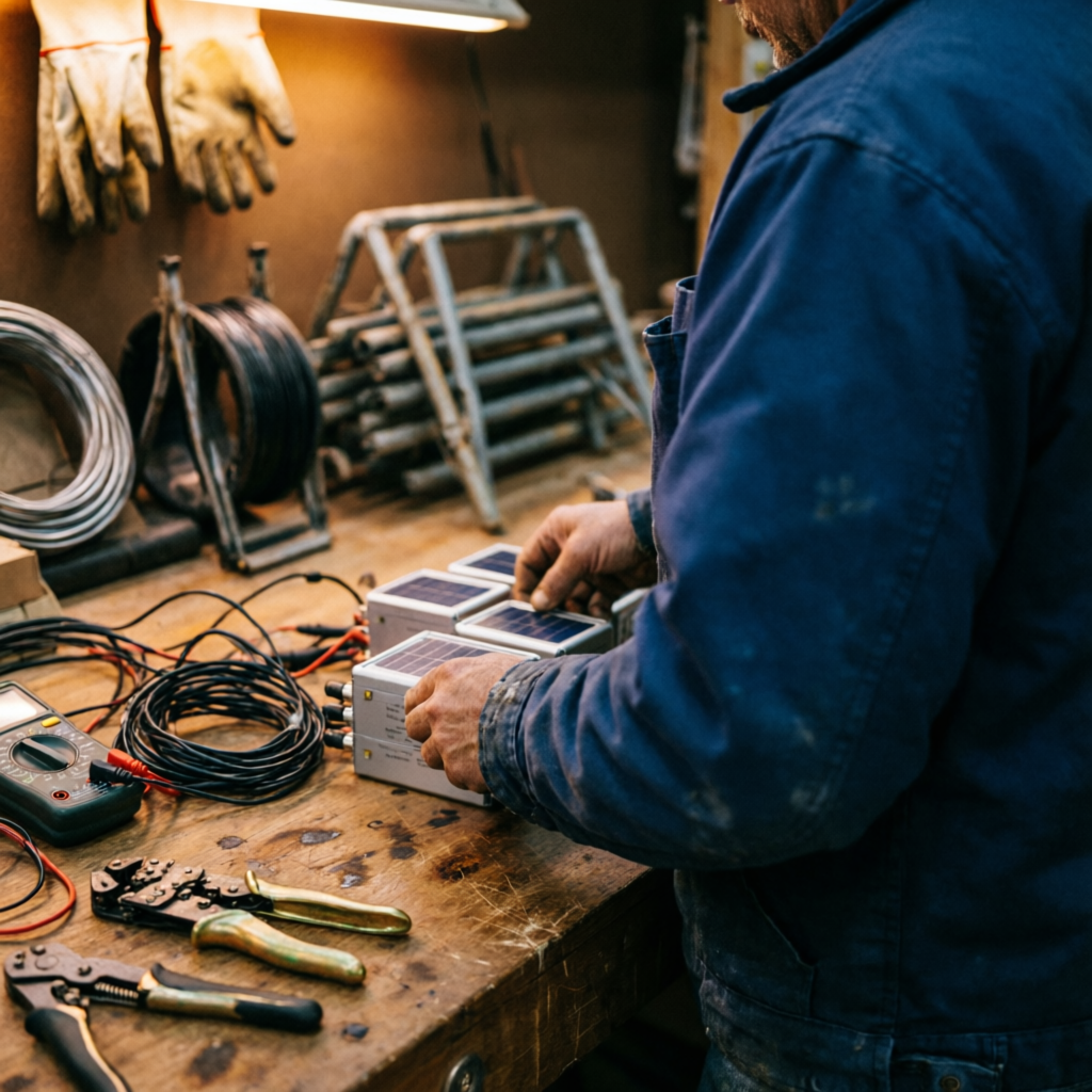 A workshop bench with solar equipment, wiring, and tools.